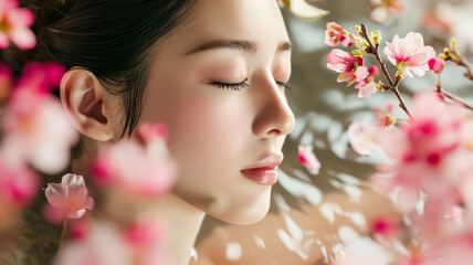 Obraz na płótnie Canvas Portrait of beautiful Japanese enjoying spa surrounded by flowers, spa concept, skincare
