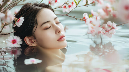 Obraz na płótnie Canvas Portrait of beautiful Japanese enjoying spa surrounded by flowers, spa concept, skincare