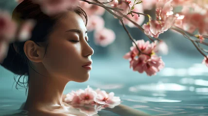 Fotobehang Portrait of beautiful Japanese enjoying spa surrounded by flowers, spa concept, skincare © Chris