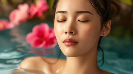 Foto op Plexiglas Portrait of beautiful Japanese enjoying spa surrounded by flowers, spa concept, skincare © Chris