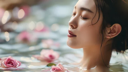 Fotobehang Portrait of beautiful Japanese enjoying spa surrounded by flowers, spa concept, skincare © Chris
