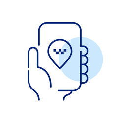 Online taxi reservation app. Hand holding smartphone. Pixel perfect, editable stroke icon