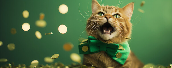 St. Patrick's Day Cat with gold coins - obrazy, fototapety, plakaty