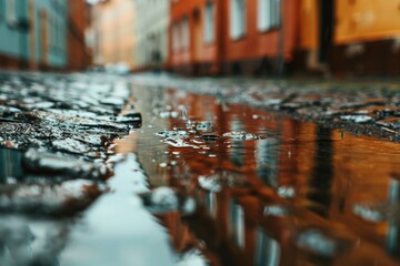 Old town tenements reflecting in a puddle after rain. 