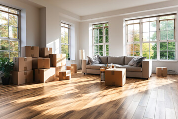 A living room filled with lots of boxes packaging for moving.