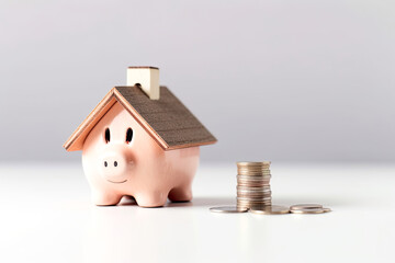 Piggy bank with roof and coins. Saving up money to buy own house. Finance, property purchase, mortgage, home loan concept - obrazy, fototapety, plakaty