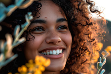 Naklejka premium Smiling african american woman spring portrait, positive attitude
