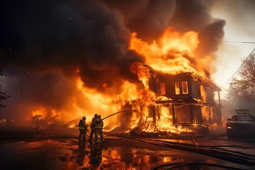 Papier Peint Lavable Feu A house on fire with firemen in front of it. A burning house in flames during the day