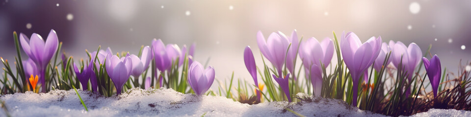 Crocus flowers emerge from the snow in early spring