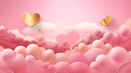 Valentine's day concept background. Vector illustration. 3d gold paper cut hearts with pink clouds. Cute love sale banner or greeting card. Generative Ai