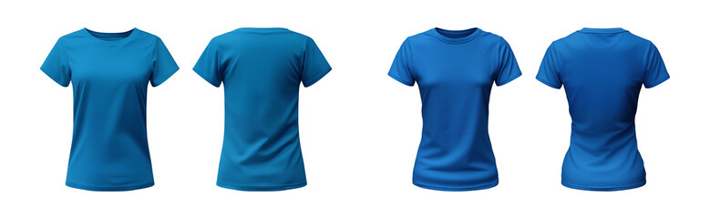 realistic set of female blue t-shirts mockup front and back view isolated on a transparent background, cut out - obrazy, fototapety, plakaty