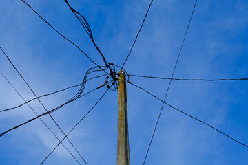 Background Photography. Landscape View. Photo of electric pole with branching cables. An...