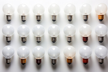 Many light bulbs are lined up flat on white background. Light bulbs repeated pattern backdrop.
