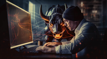 Angry Bull trading with computer, Bullist in Stock market and Crypto currency.  - obrazy, fototapety, plakaty