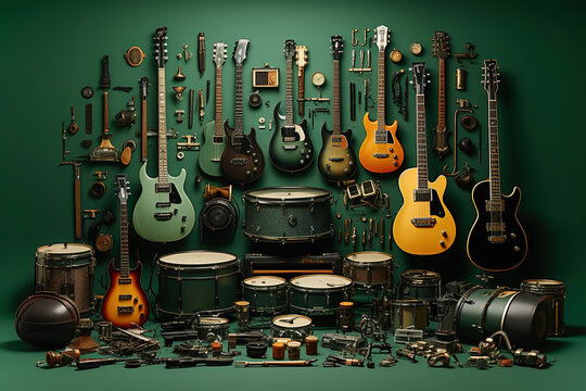 Set of guitars and other musical instruments. Musical flat green background.