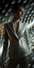 Hübsche Model Frau in super modernen futuristischen Designer Outfit mit fantastischen Metallic Hintergrund, ai generativ