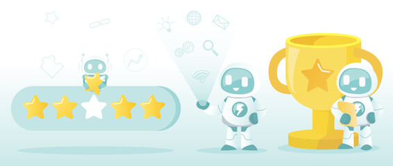 Artificial Intelligence (AI) technology and business ideas collection set. Customer satisfaction, star rating, online content, experience, skill, strategy management. Flat vector design illustration.