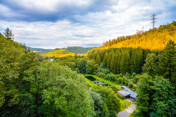 Obraz premium View of the Oestertalsperre and the surrounding nature. Landscape near Plettenberg in the Märkischer Kreis. 