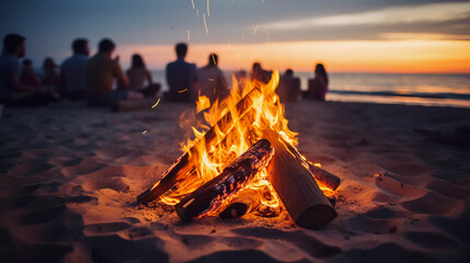closeup of a bonfire in front of the beach on a nice evening with young people enjoying life  - Powered by Adobe