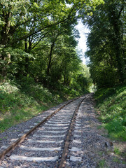 Fototapeta premium Alte Eisenbahnstrecke durch bewaldetes Tal