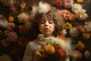 Portrait of a girl sneezing, suffering from allergies among colorful flowers. Allergy to flowering. Allergic rhinitis