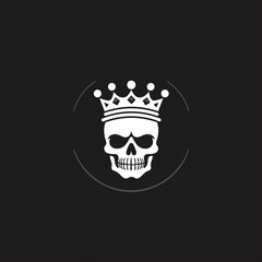 minimalistic round logo emblem symbol with white skull king in a crown on a black isolated background