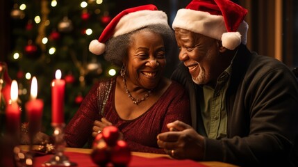 A happy black, African American elderly couple in red hats are having fun at a festive Christmas dinner. Older people, food, drinks - obrazy, fototapety, plakaty