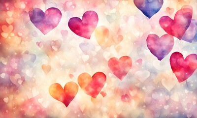 Watercolour hearts background, vibrant and romantic