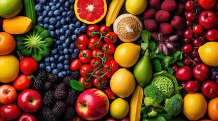  Fruits, Healthy food selection, Healthy food clean eating selection: fruit, vegetable, seeds, superfood, cereal, Food background with assortment of fresh organic vegetables. Generative Ai - obrazy, fototapety, plakaty