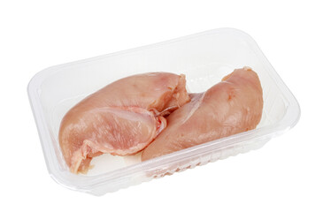 Raw chicken breast in a plastic container isolated