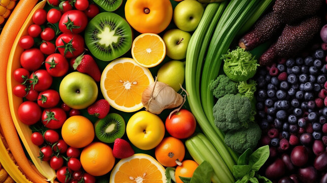  Fruits, Healthy food selection, Healthy food clean eating selection: fruit, vegetable, seeds, superfood, cereal, Food background with assortment of fresh organic vegetables. Generative Ai