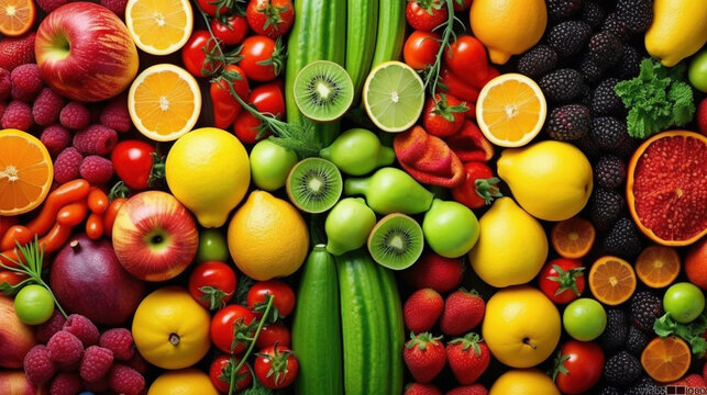  Fruits, Healthy food selection, Healthy food clean eating selection: fruit, vegetable, seeds, superfood, cereal, Food background with assortment of fresh organic vegetables. Generative Ai