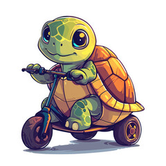 Happy cute turtle cartoon character riding a scooter on a white background, for sticker or t-shirt design
