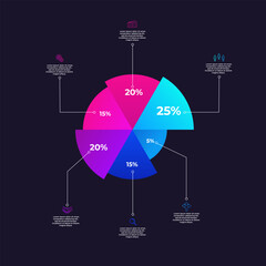 Semicircular pie chart divided into 6 colorful sectors. Concept of six features of startup project to select. Minimal flat infographic vector illustration for business infbal business illustration