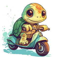 Obraz premium Happy cute turtle cartoon character riding a scooter on a white background, for sticker or t-shirt design