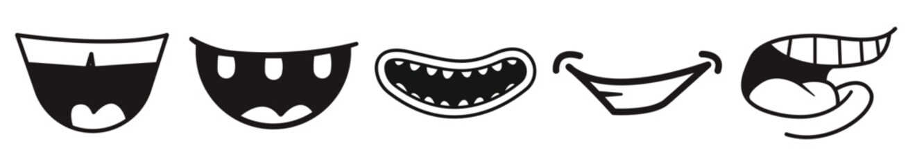 Set of smiley face. A collection of cartoon style laughing mouths. Hand drawn doodle mouth emoji icon.