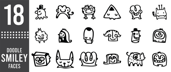 Set of smiley face. A collection of cartoon style various faces. Hand drawn doodle mouth emoji icon.