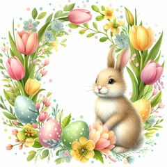 Easter bunny in an Easter frame made of eggs and flowers
