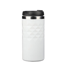 Thermos cup as a model, clean material. White thermos cup with black lid, blank for text. Copy space. Isolated transparent background, png background.