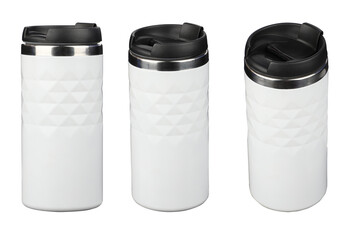 Model as thermos cup set, clean material. White clean thermos cup with black lid, blank for text....