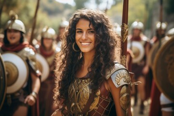 Beautiful girl in medieval armor on the background of the ancient city.