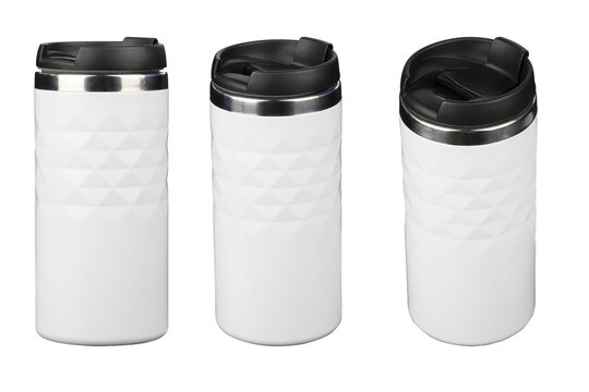 Model as thermos cup set, clean material. White clean thermos cup with black lid, blank for text. Copy space. Isolated transparent background, png background. Different shooting angle, triple set phot