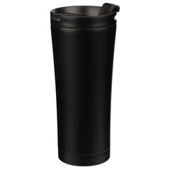 Thermos cup as a model, clean material. Black clean thermos cup with black lid, blank for text. Copy space. Isolated transparent background, png background. Different shooting angle.