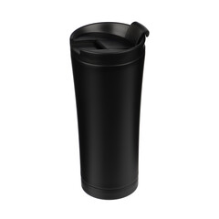 Thermos cup as a model, clean material. Black clean thermos cup with black lid, blank for text. Copy space. Isolated transparent background, png background. Different shooting angle.