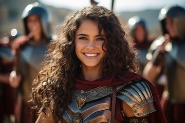 Portrait of a beautiful girl in medieval armor smiling at the camera