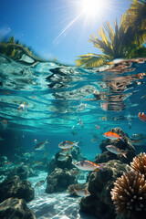 An underwater view of a tropical island with palm trees and fishes in the water. Panorama