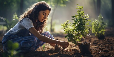 A young girl tends to a sapling in her garden. A fictional character created by Generative AI. 