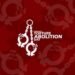 Torture Abolition Day event banner. A destroyed torture handcuff, with bold text on dark red background to commemorate on February 4