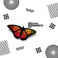 Western Monarch Day event banner. Beautiful Western Monarch Butterfly with scientific name Danaus plexippus, with bold text and elements on white background to celebrate on February 5