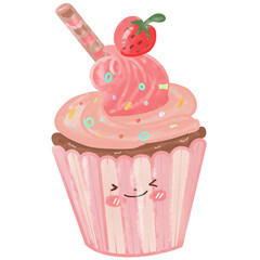 Strawberry cupcakes with cream has strawberry on top 
